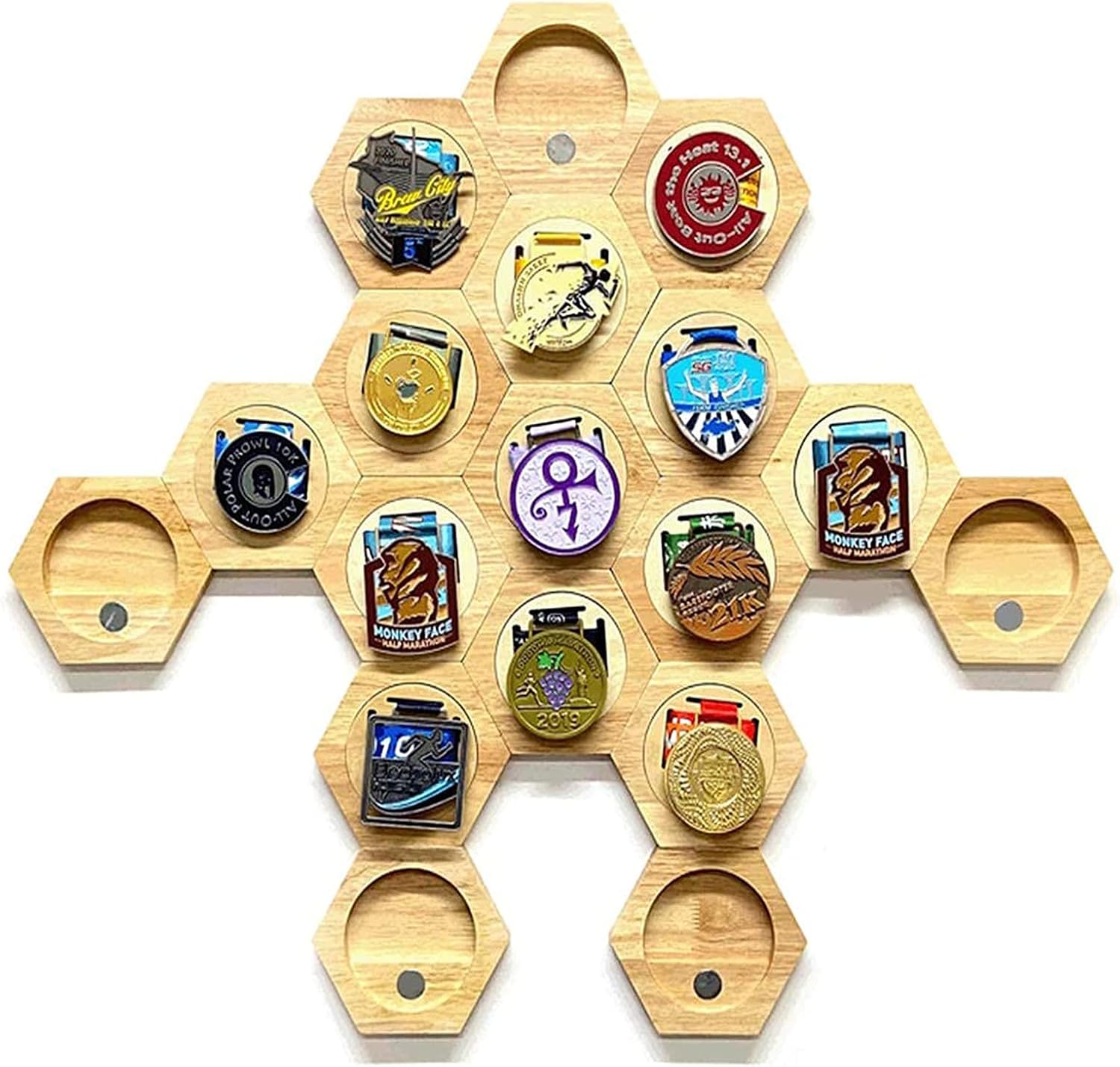 Hexagonal Medal Display Frame 24Pcs/Set Wood Medal Hanger Display Box Punch-Free Creative Stitching Sports Medal Holder, for Military/War/Sports Medal,18PCS