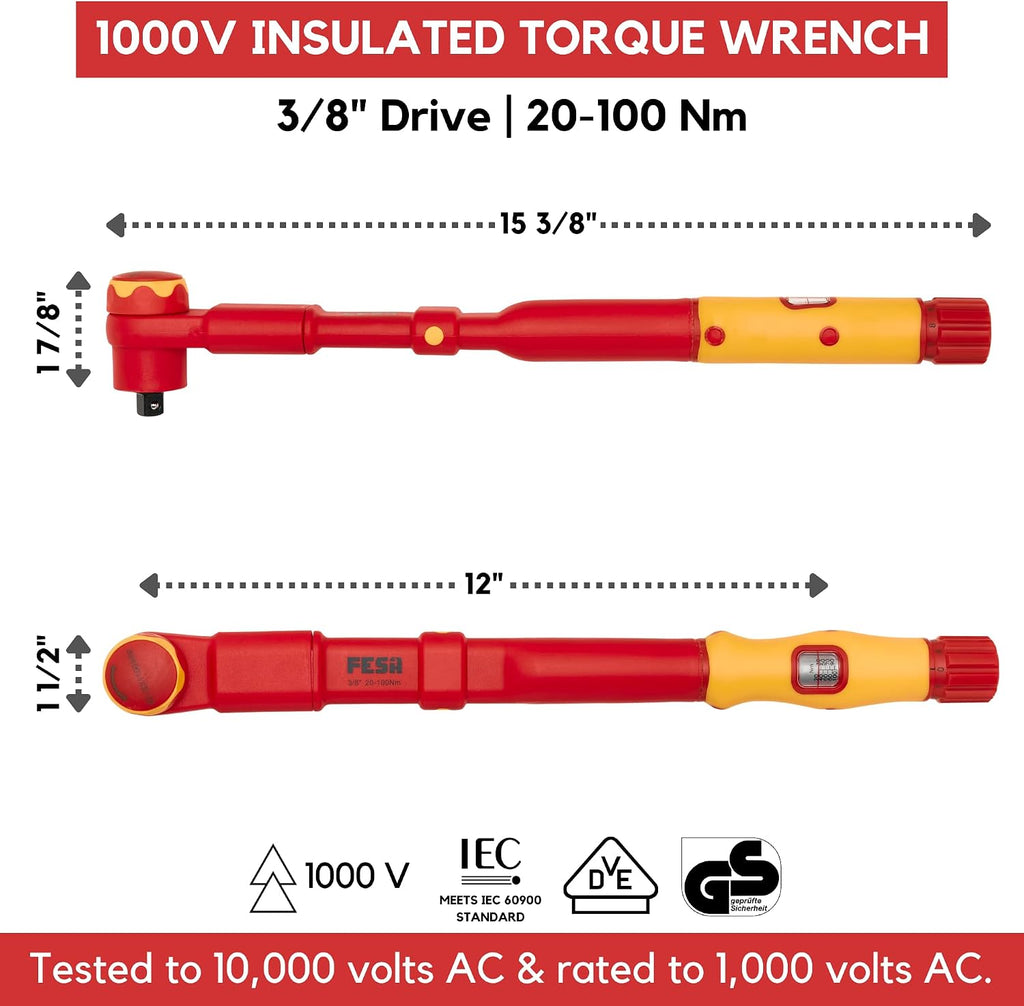 FESA Electrician Insulated Torque Wrench - 1000V Electrician Torque Wrench w/Easy Torque Adjustment & Scale Display - Each Insulated Wrench Has ID for Traceability (3/8' Drive, 20-100 Nm Range)