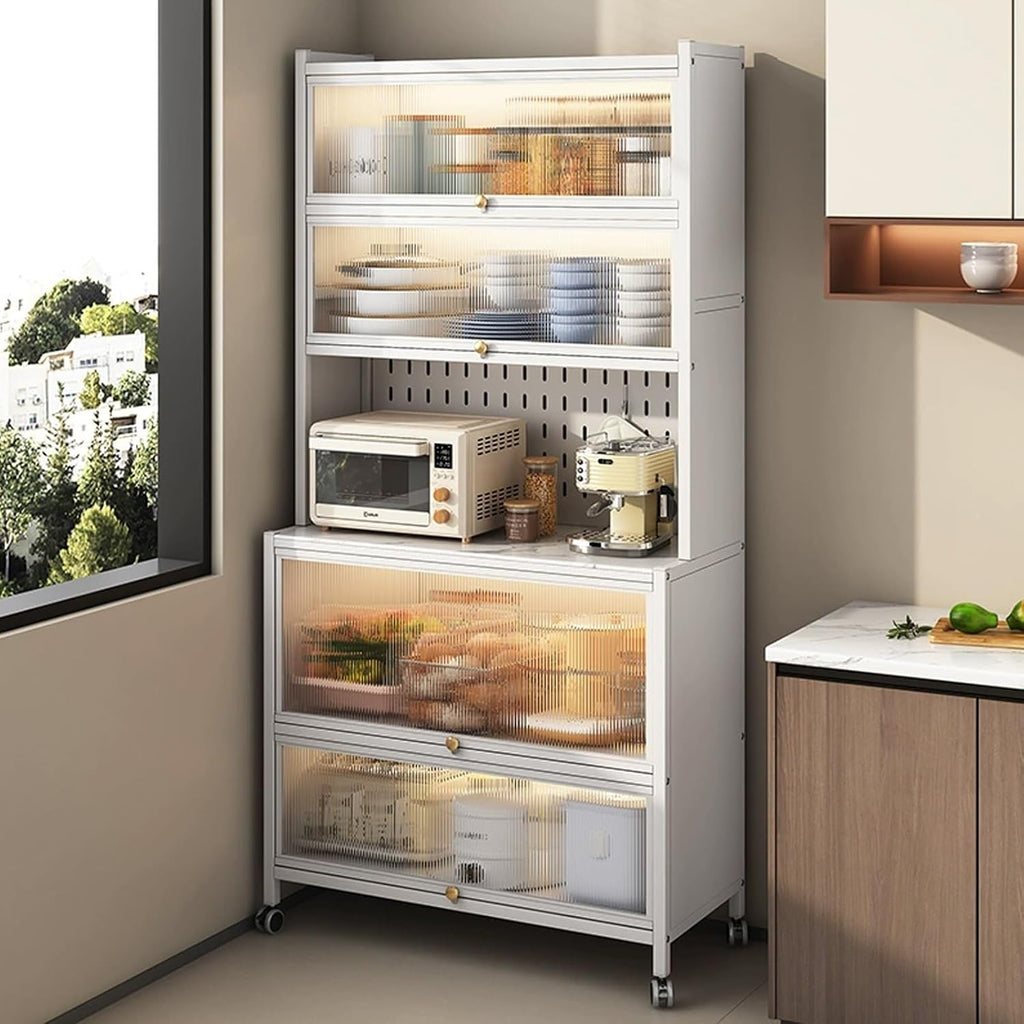Kitchen Baker's Rack with Flip Door Cabinet, 6-Tier Microwave Stand 4 Hooks, Kitchen Storage Rack, for Home, Office, Pantry(White,60cm)