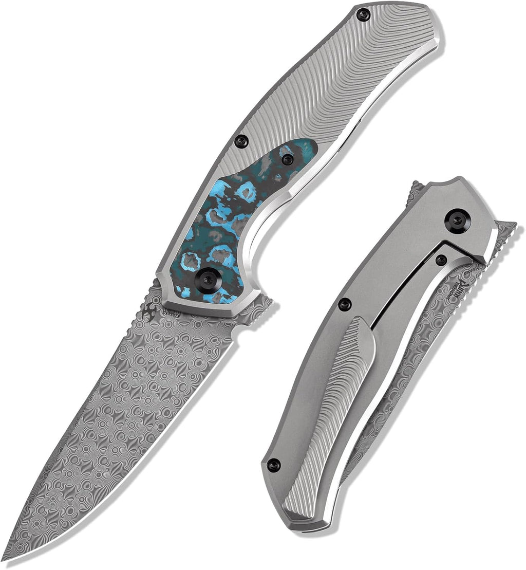KANSEPT HAVØRN Pocket Folding Knives for Men Women Camping Hiking Folding Knife 3.48'' Damascus Blade Material Pocke Knife with Titanium Arctic Storm Fat Carbon Handle Everyday Carry K1069A3