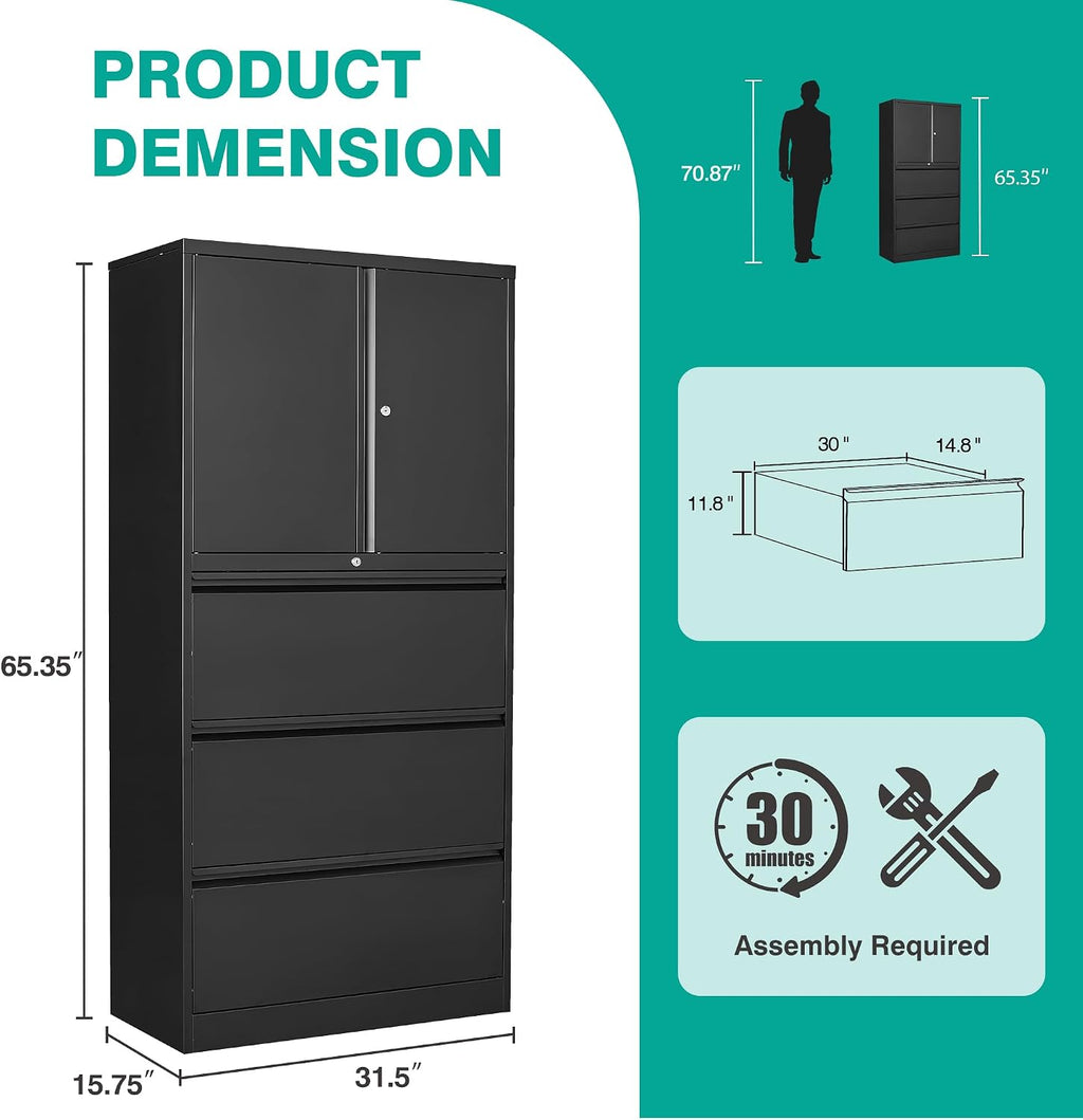 SISESOL 3 Drawer Lateral File Cabinet with Lock and Shelf,Black Metal Filling Cabinet with Drawers and Shelf, Locking File Storage Cabinets with Doors and Shelves for Home,Office,Garage,School