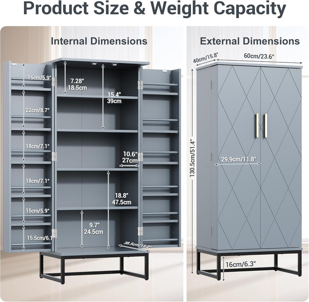 kepptory Grey Pantry Cabinet with Golden Metal Base, 51' Freestanding Kitchen Storage Cabinet, Adjustable Shelves Food Pantry Organization for Kitchen, Living Room, Hallway, Tall Pantry Cabinet