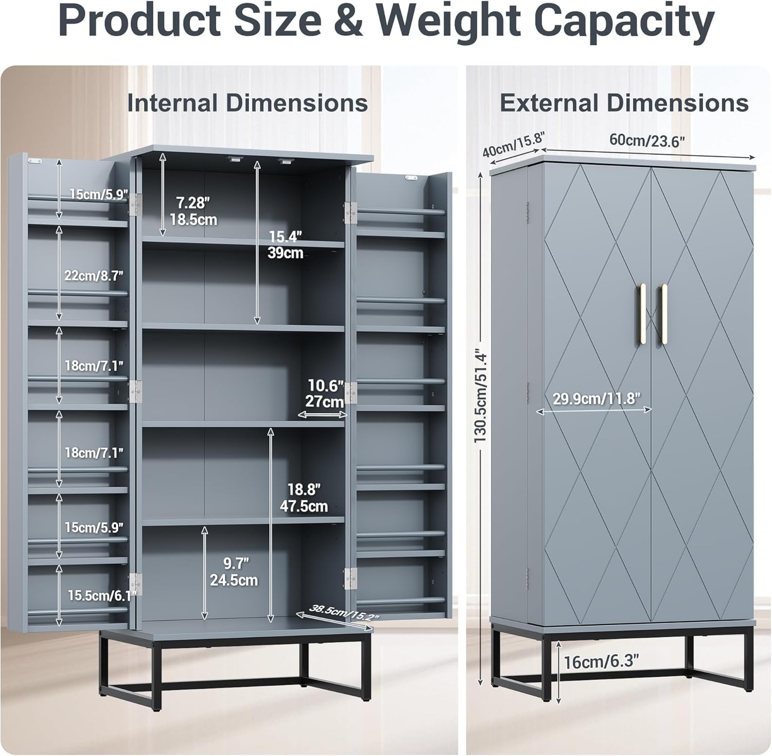 kepptory Grey Pantry Cabinet with Golden Metal Base, 51' Freestanding Kitchen Storage Cabinet, Adjustable Shelves Food Pantry Organization for Kitchen, Living Room, Hallway, Tall Pantry Cabinet