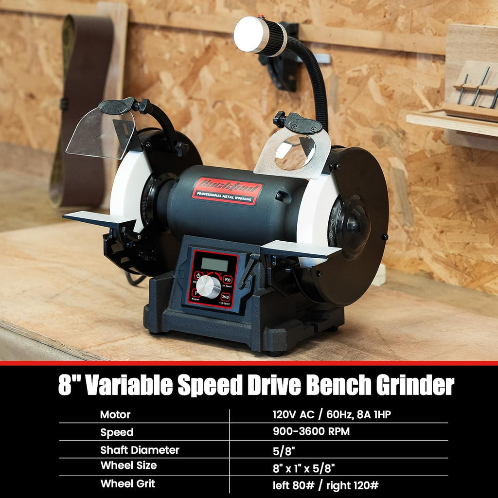 Bucktool 8' VFD Variable Speed Bench Grinder, 1HP Power Professional Wobble-free Wheel Grinder with High/Low Speed Switching for Knife, Metal