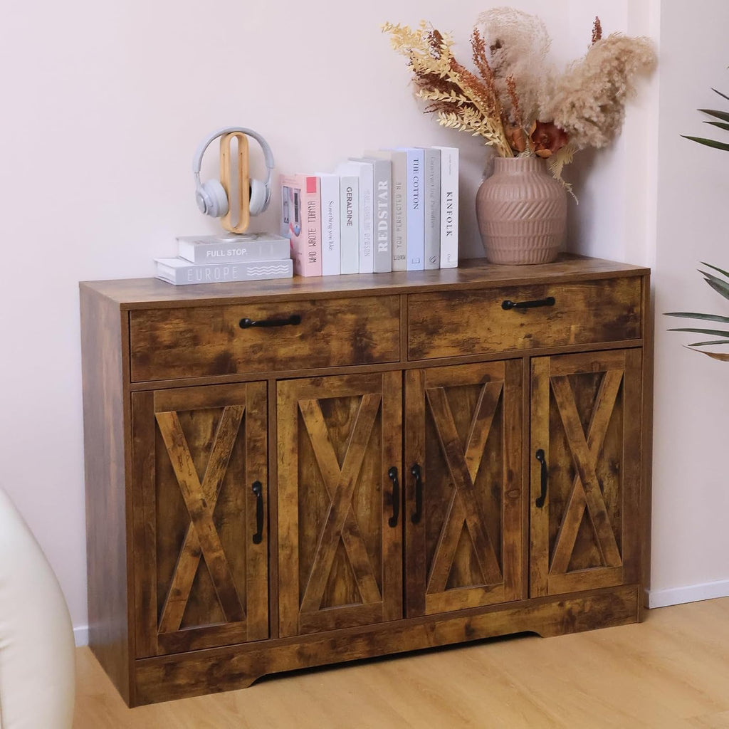 Sideboard Cabinet with Drawers, 47' W Sideboard Buffet Storage Cabinet with Storage for Kitchen, Farmhouse Coffee Bar Cabinets with Shlves and Doors Hallway, Brown