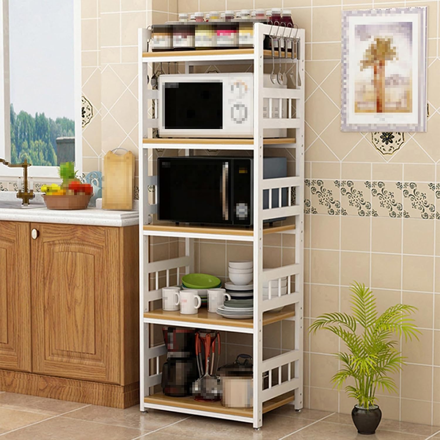 Bakers Rack with Storage E1 Grade Environmentally Friendly Board Thickened Steel Frame, 3C Tempered Glass, Super Load-Bearing Multi-Layer Kitchen Cabinets(White)(75cm*45cm*165cm)