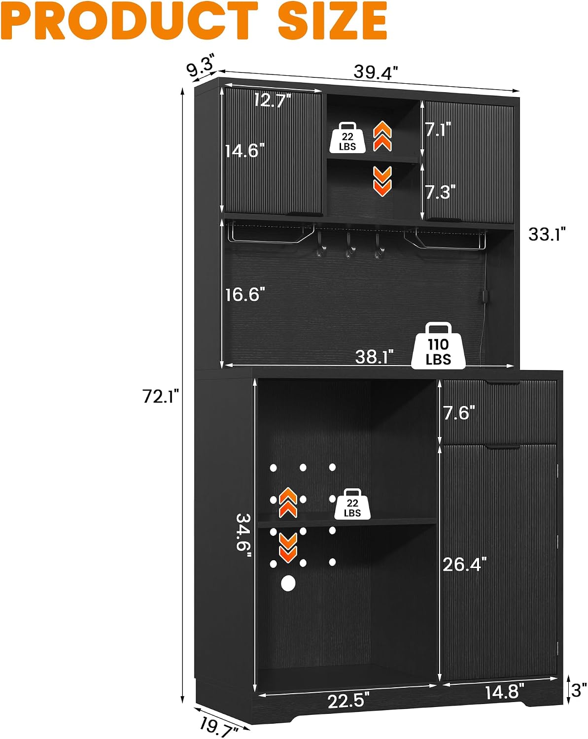 kepptory 72' Mini Fridge Cabinet with Storage, Coffee Bar Cabinet with Mini Fridge, Tall Coffee Bar Station with RGB LED Light, Wine Glass Holder, for Home Kitchen Living Room, Black