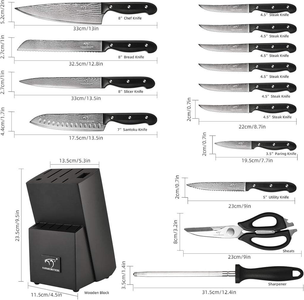 NANFANG BROTHERS 15-Piece Damascus Kitchen Knife Set, 67-Layer VG10 Japanese Steel, Professional Chef & Steak Knife Set with Compact Block, Triple-Riveted Handles (Hand-Wash Only)
