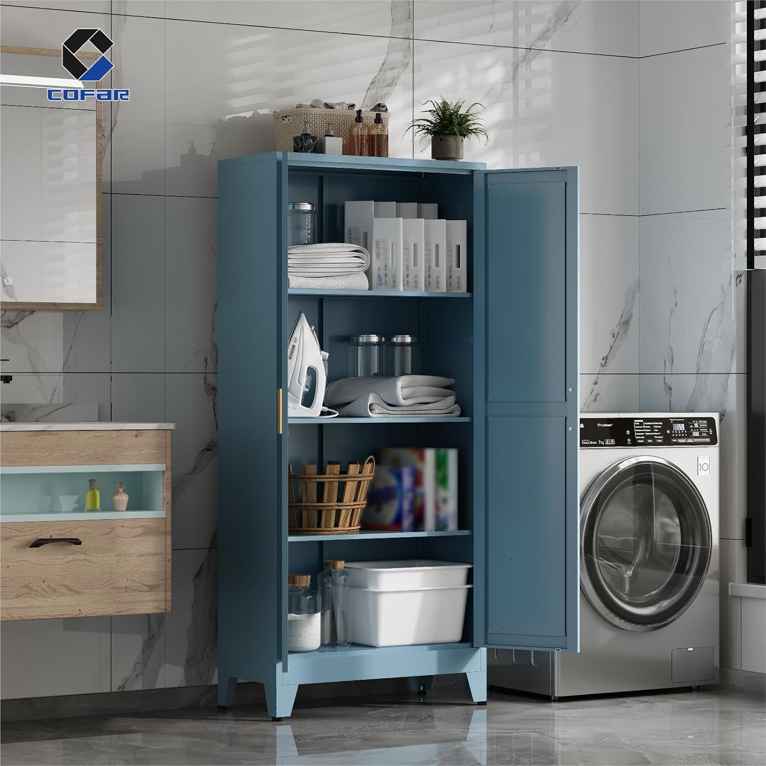 COFaR 61'' Tall Metal Storage Cabinet, Farmhouse Kitchen Pantry Cabinet with Doors and 3 Adjustable Shelves, Metal Pantry Storage Cabinets for Kitchen, Laundry, Peacock Blue 4-Tier