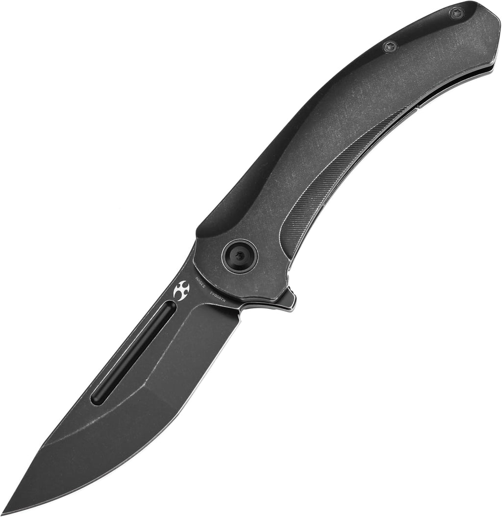 KANSEPT Hira Pocket Knife, 3.46'' Blackwash CPM S35VN Sharp Steel Blade and Blood groove, Curved Black Titanium Handle, Secure Frame Lock Folding with Flipper for Edc, Camping Hiking Knives K1090A1
