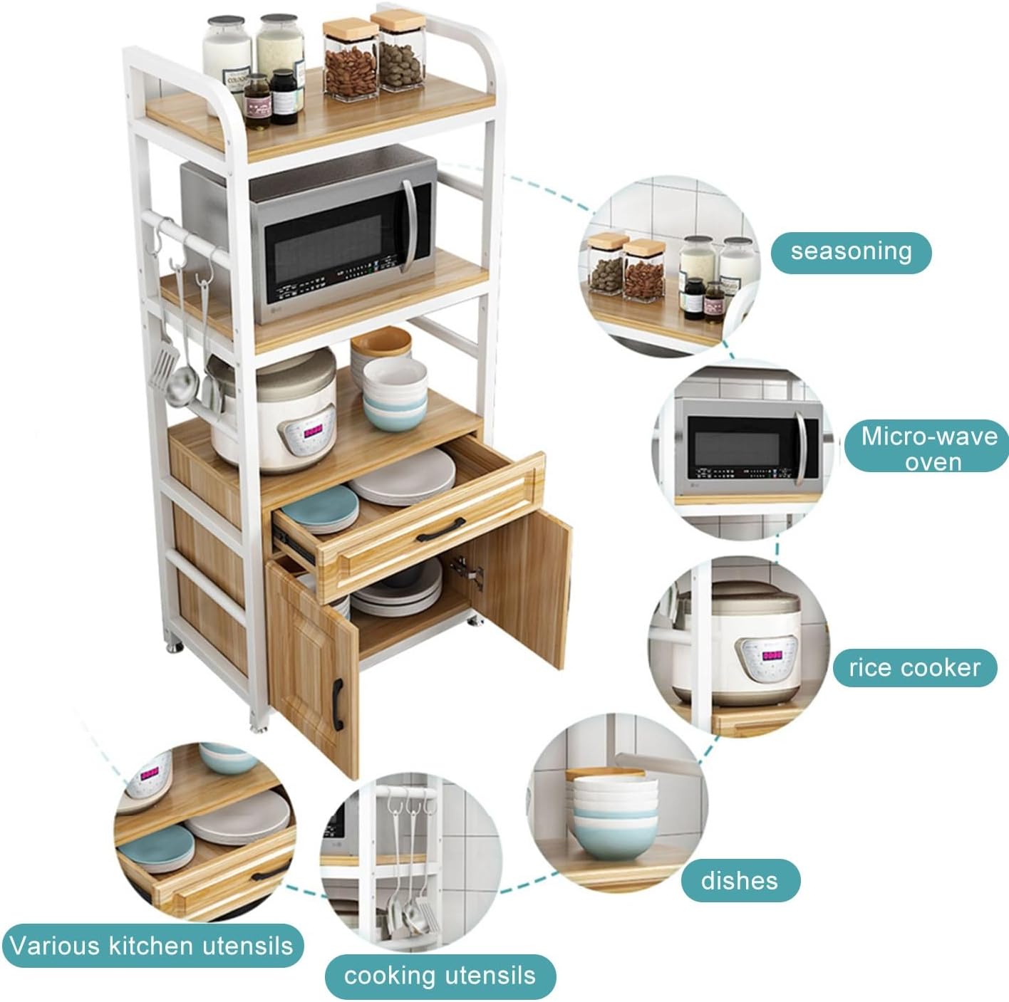 Multifunctional Kitchen Microwave Oven Stand with Storage Cabinet and Shelf Perfect for Living Room or Bedroom Large Size Black and White Color Scheme.