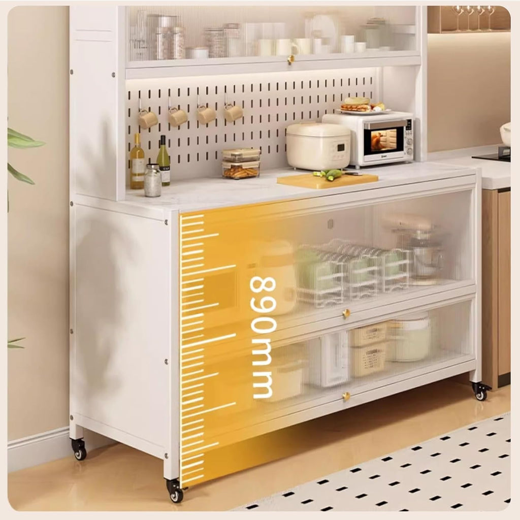 Kitchen Baker's Rack with Flip Door Cabinet, 6-Tier Microwave Stand 4 Hooks, Kitchen Storage Rack, for Home, Office, Pantry(White,60cm)