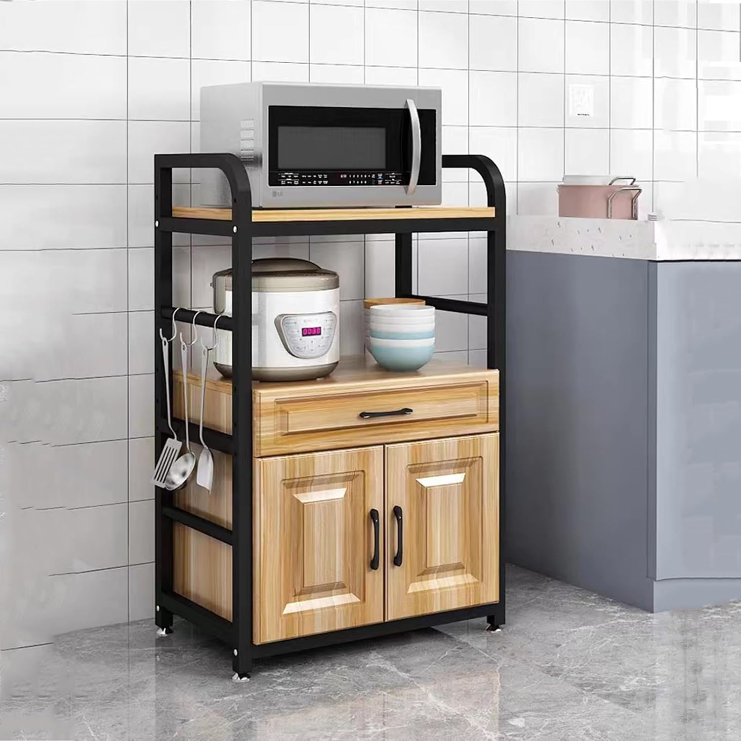 Microwave Oven Rack with Storage Cabinet and Shelf for Kitchen Freestanding nizer with Walnut Finish Ideal for Living Room or Bedroom (65x40x)