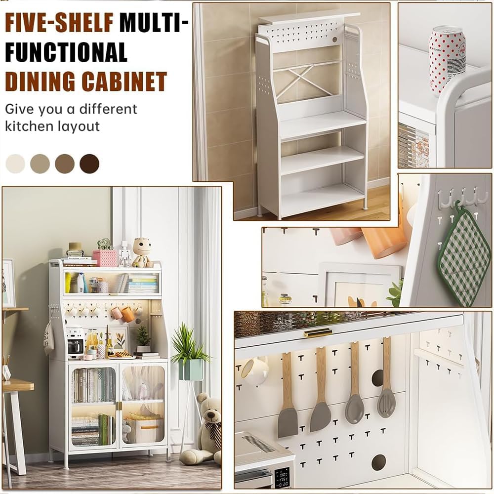 Kitchen Storage Cabinet, 5-Tier Microwave Stand, Kitchen Storage Shelf Rack, Metal Utility Storage Shelf, Standing Bakers Rack with Door Cabinet,White
