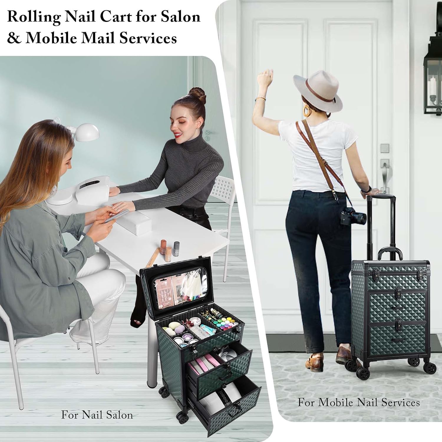 Professional Rolling Makeup Train Case with Drawers, Makeup Case on Wheels, Nail Tech Rolling Cart Storage Organizer Trolley Make up Case for Travel Makeup/Nail Art/Hair Styling, Dark Green