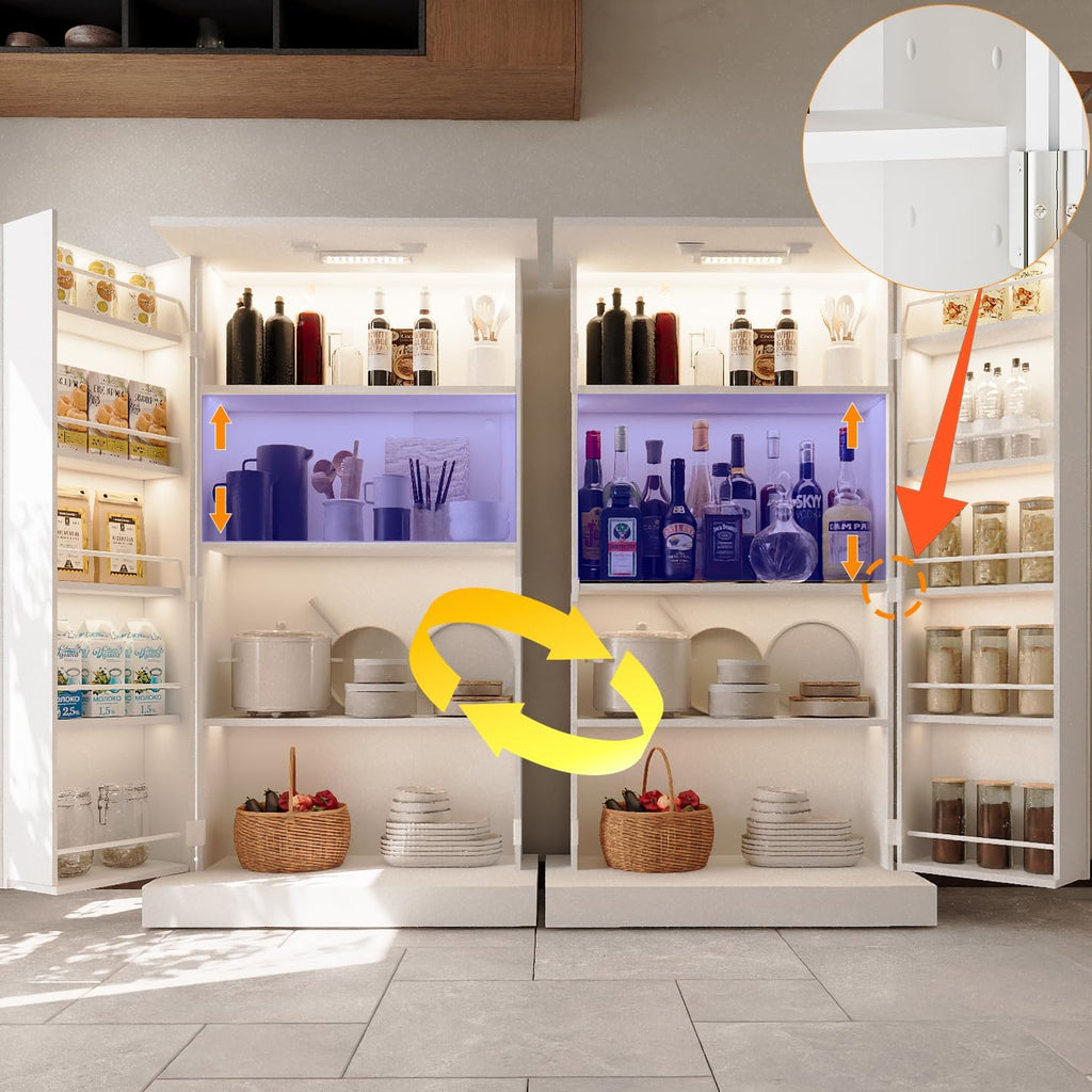 FJTJBSI 50' LED Kitchen Pantry Cabinet with 3 Adjustable Shelves and 2 Doors Wood Pantry Storage Cabinet with Handle for Kitchen Living Room and Dinning Room White