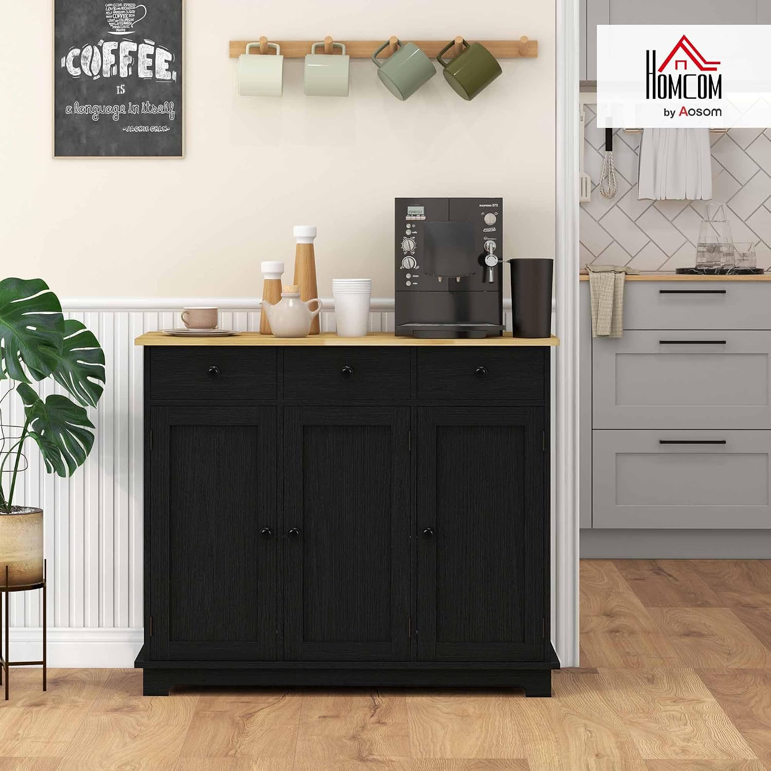 HOMCOM Sideboard Buffet Cabinet with Solid Wood Countertop, Modern Kitchen Storage Cabinet, Coffee Bar Cabinet with 3 Drawers, Doors and Adjustable Shelf, Distressed Black