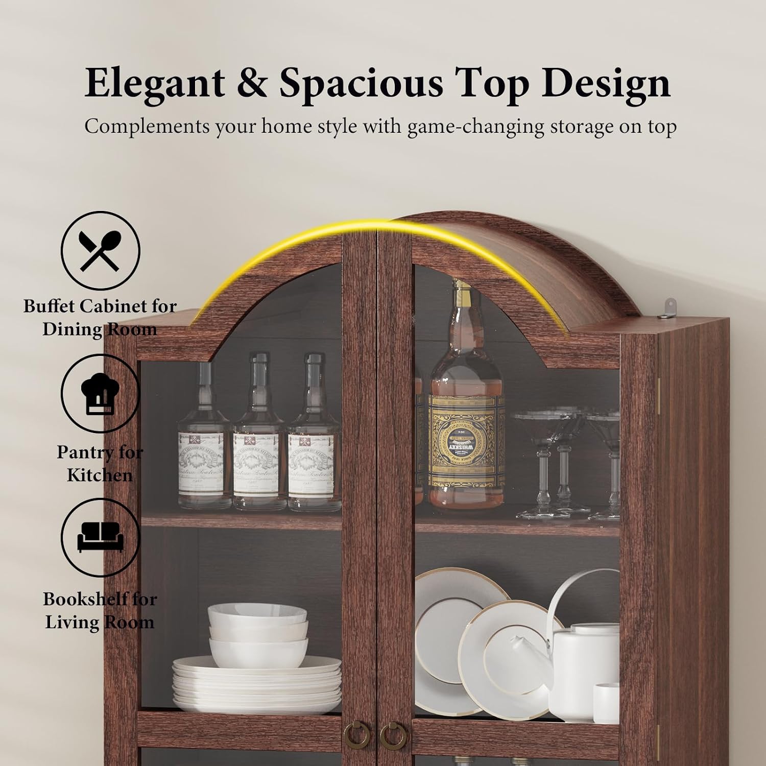 EasyCom 71 Tall Arched Pantry Cabinet, Farmhouse Wood Kitchen Cabinet with 2 Large Drawers, 4-Tier Storage Cabinet with Adjustable Shelf & Magnetic Clasp Doors for Living Room, Dining Room, Brown
