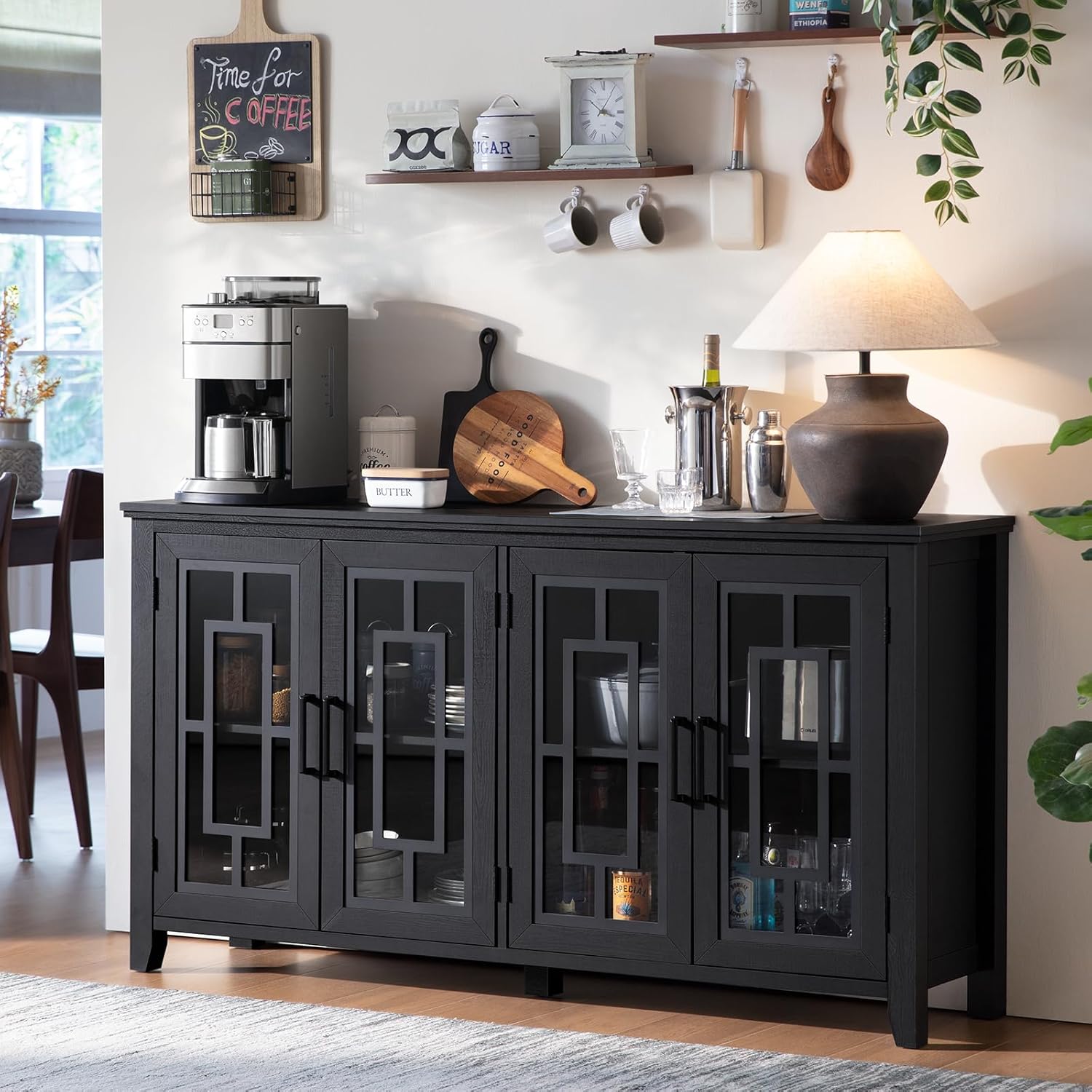 Joaxswe Large Sideboard Buffet Cabinet with Storage, 63' Black Farmhouse Kitchen Coffee Wine Bar Cabinet with 4 Glass Doors, Mid Century Modern Wooden Side Board Table for Dining Room, Living Room