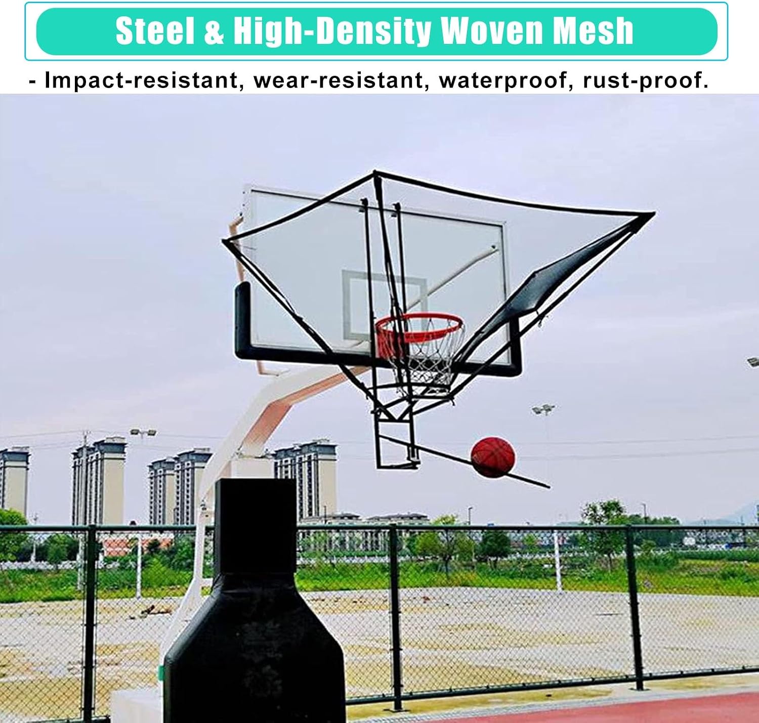 Basketball Shot Return NET Apparatus with 180° Rotating Chute, Suspended Portable Shooting Basketball Rebounder Device