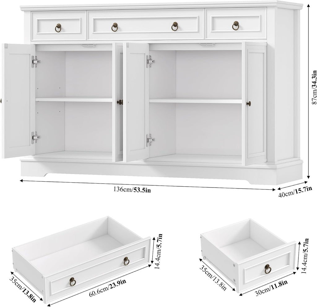 FINETONES Buffet Cabinet with Storage, 52.7' Large Sideboard Buffet Cabinet, White Kitchen Cabinet with 3 Drawers and 4 Doors, Wood Coffee Bar for Kitchen Dining Room, White