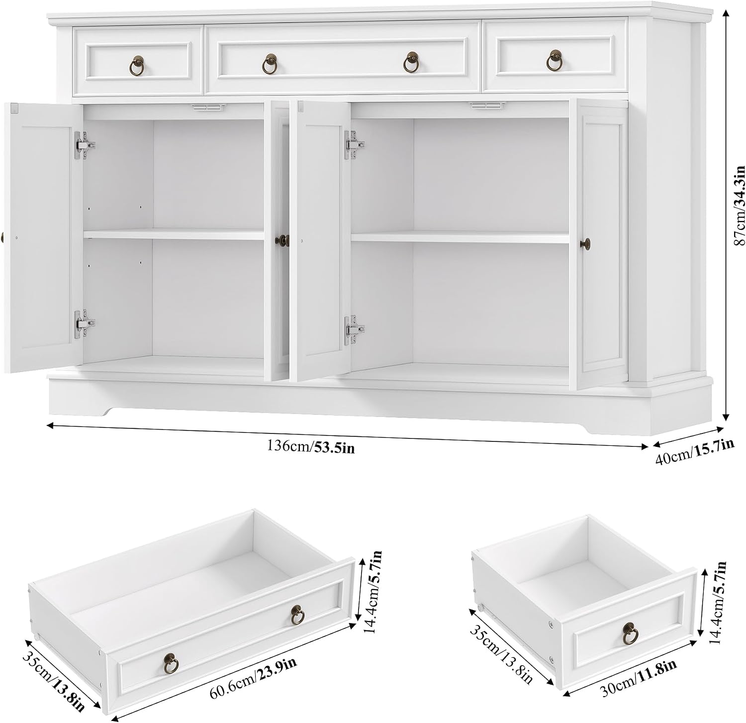 FINETONES Buffet Cabinet with Storage, 52.7' Large Sideboard Buffet Cabinet, White Kitchen Cabinet with 3 Drawers and 4 Doors, Wood Coffee Bar for Kitchen Dining Room, White