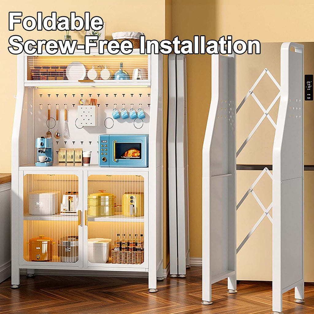 White Bakers Rack with Doors | Free Standing Kitchen Cabinet | Dual Door Microwave Storage | Versatile Baker's Rack for Hallway & Kitchen (Size: 30in)