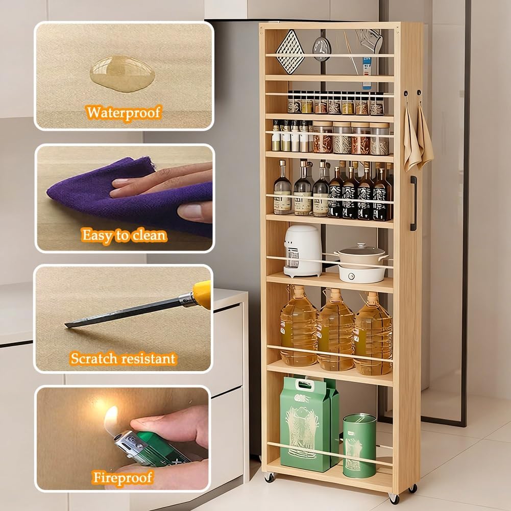 7-Tier Slim Storage Cart, Wooden Rolling Pantry Cabinet with Wheels, Shelving Unit Organizer for Kitchen, Bakers Rack, Dining Room, Closet(White,21.6' Dx7.9 Wx72.5 H)