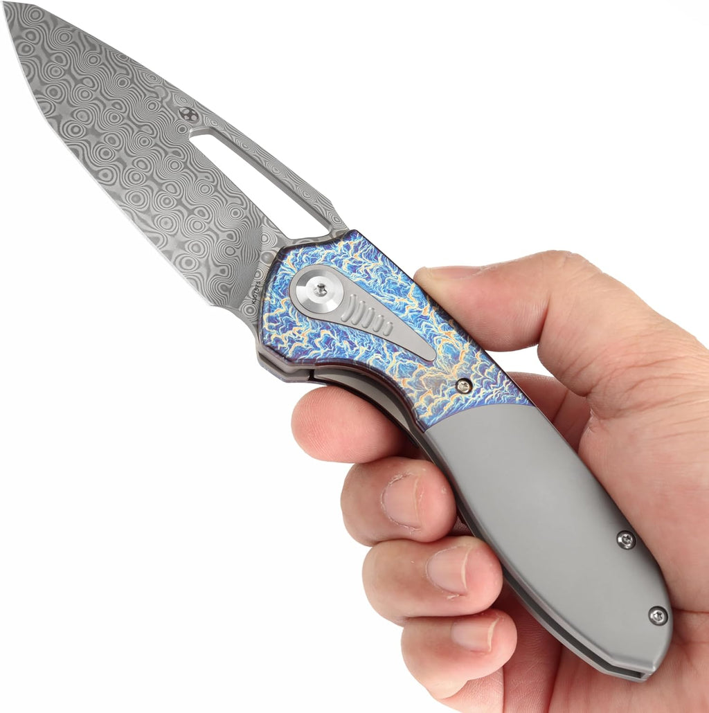 KANSEPT Thoth Pocket Knives for Men 8.05in Folding Pocket Knives with 3.43in Damascus Material and Bead Blasted Titanium Lightning Strike Finished Titanium Inlay Handle K1075T5