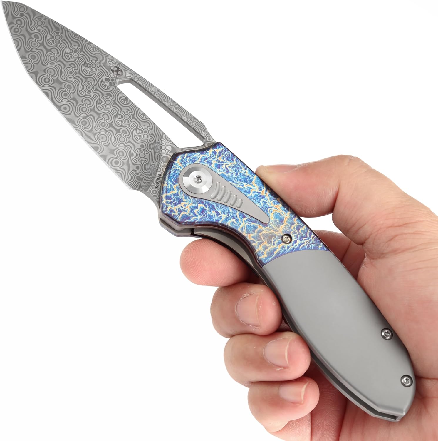 KANSEPT Thoth Pocket Knives for Men 8.05in Folding Pocket Knives with 3.43in Damascus Material and Bead Blasted Titanium Lightning Strike Finished Titanium Inlay Handle K1075T5