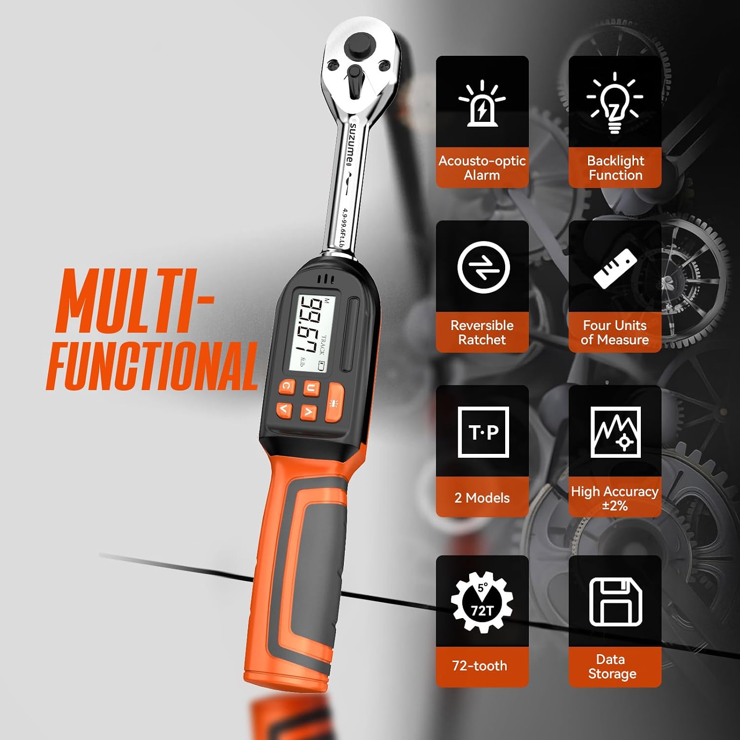 SUZUME Digital Torque Wrench 3/8 Drive (4.9-99.6 Ft. Lb/ 6.6-135 N.m) & Flex Head Stubby Ratcheting Wrench Set