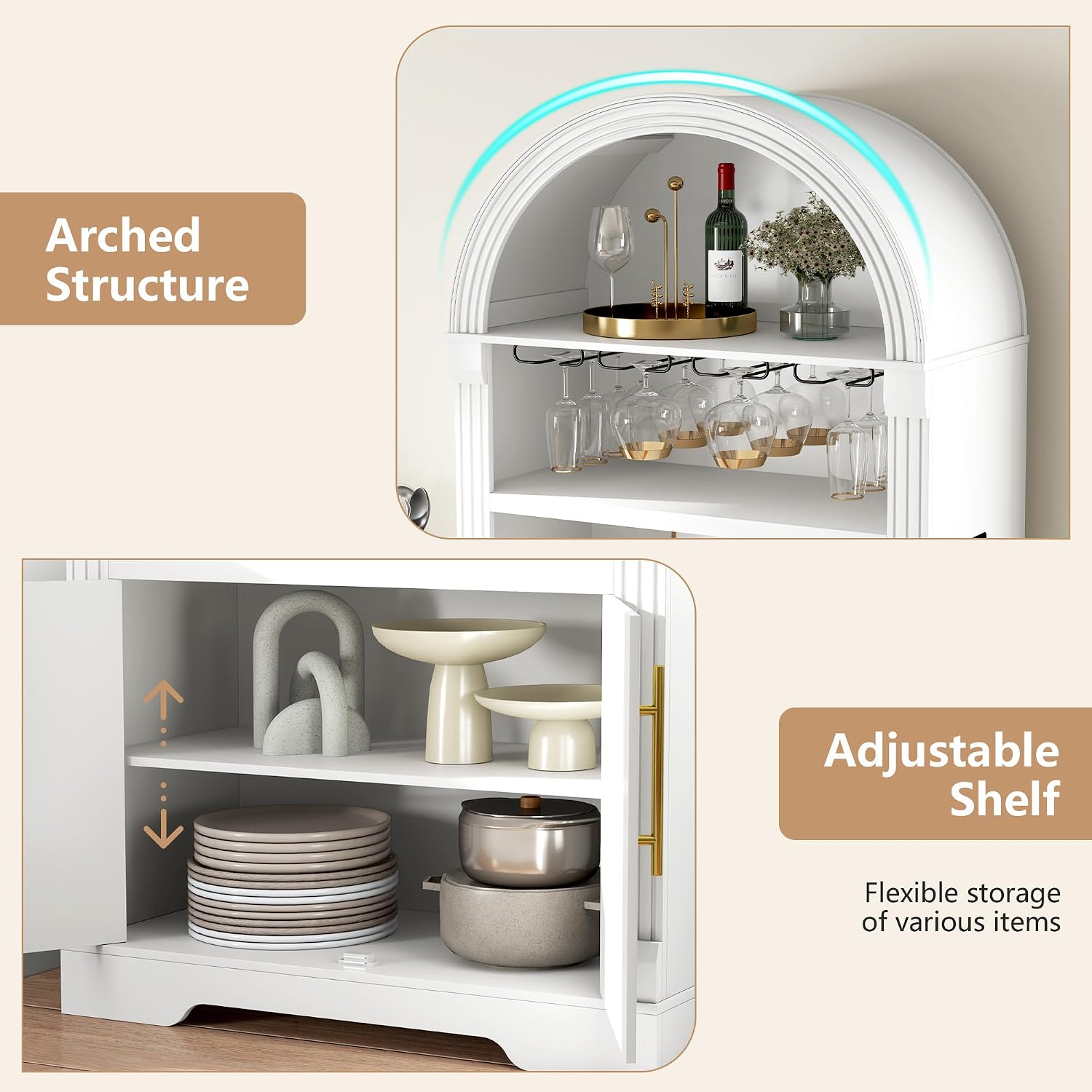 Vlsrka Arched Cabinet, Kitchen Pantry Cabinets with Open & Adjustable Shelves, Induction 3 Color Lights (White A)