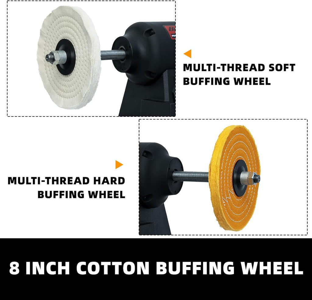 BUCKTOOL 1HP VFD Motor 8-Inch Variable Speed Bench Buffer Polisher, 900-3600 RPM One Button Speed Setting Powerful Benchtop Polisher, Extended Polishing Shaft for Jewelry, Metal Power Bench Grinders