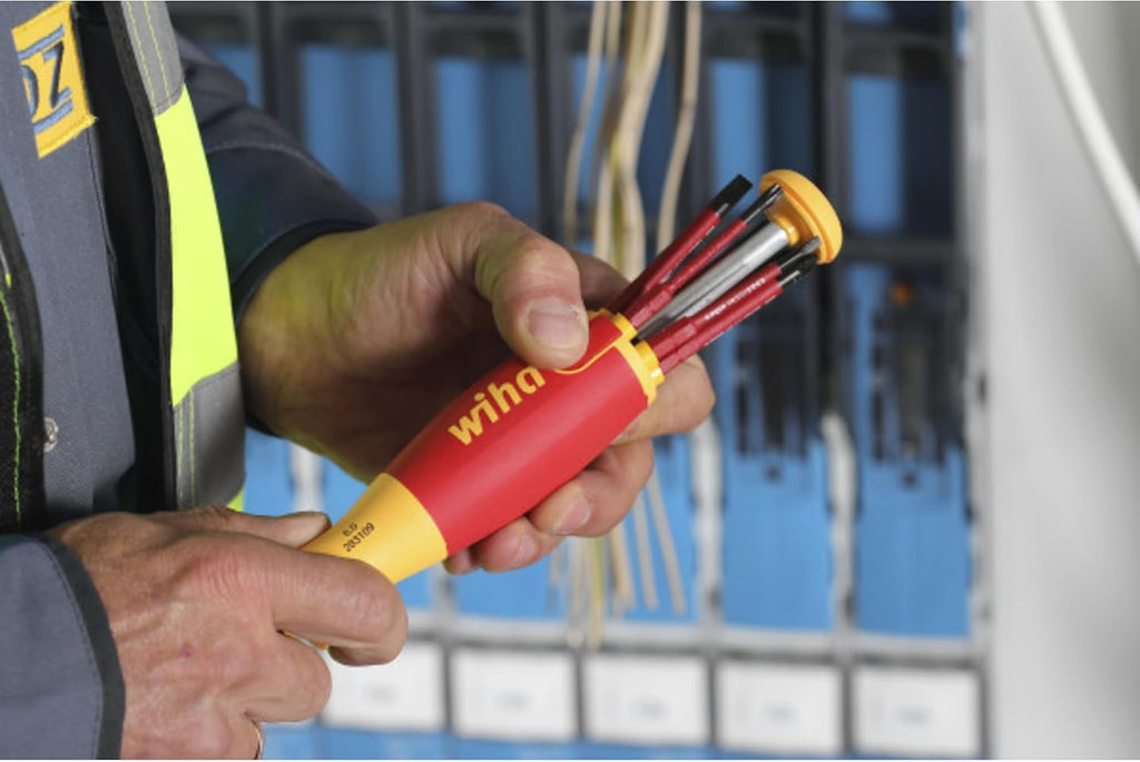 Wiha 28393 Insulated Slim Line Precision Pop Up Screwdriver Set, Slotted, 7-Piece, Red & Klein Tools 32907 Impact Driver, 7-in-1 Impact Flip Socket Set with 1/2, 7/16, 3/8, 11/32, 5/16, 1/4