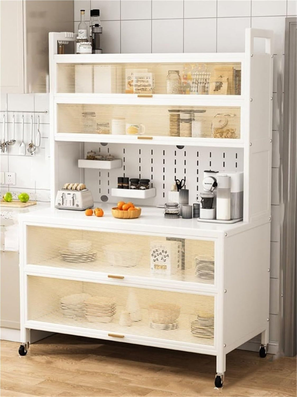 Storage Cabinet Kitchen Pantry Shelf Microwave 6-Tier Stand with Storage with Flip Door and Wheels Metal Sideboard Baker's Rack Coffee Pub for Spices Pots Pans,White 100cm