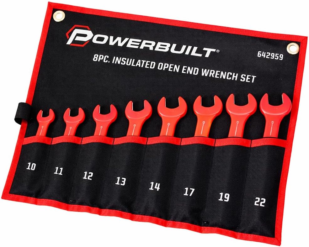 Powerbuilt 8-Piece Open End Insulated VDE Wrench Set, Rated for 1000V, Sizes 10mm-22mm, Electric and Hybrid Vehicles, Home Electrical and Car Repair - 642959