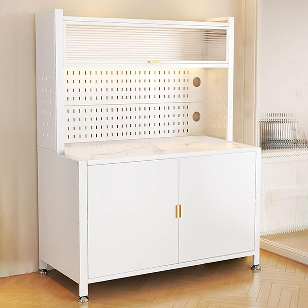 JKGHK Kitchen Storage Sideboard Cabinet, Tall Bakers Rack Countertop with Stone Slab Countertop, Standing Pantry with Pegboard and Adjustable Shelves for Home Coffee Bar(White,24x62in)