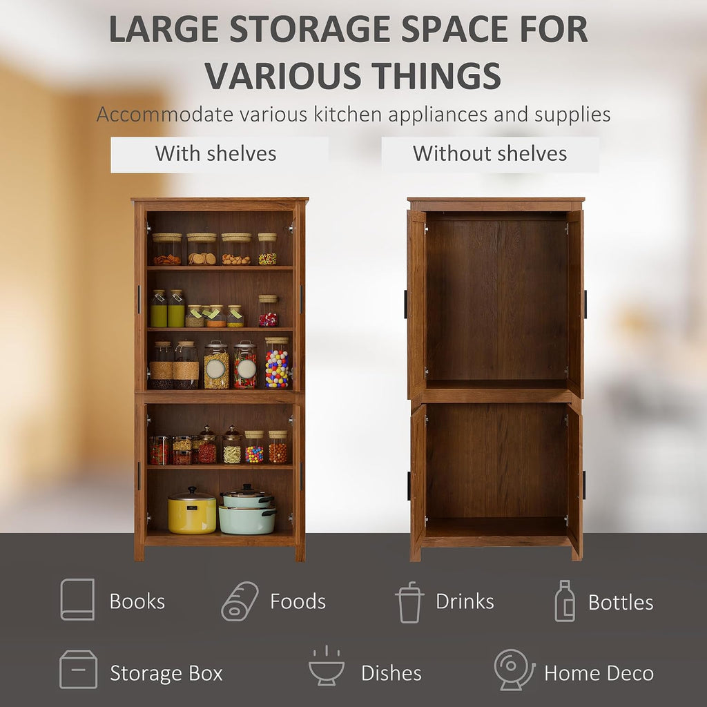 64' Adjustable Shelves Freestanding Storage Cabinet, Kitchen Storage Bakers Rack with Anti-Tipping Design, Utility Food Cupboard with 5-Tier Shelving for Home Kitchen Dining Room, Oak