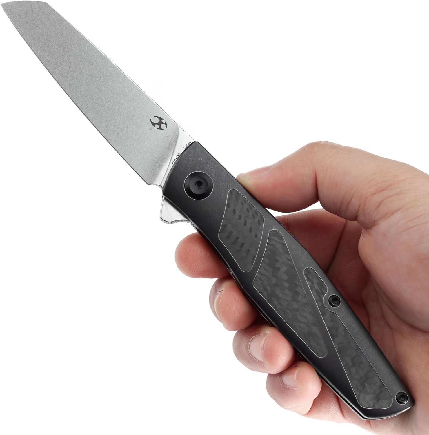 KANSEPT Cru Camping Pocket Knives for Men 8.19' Folding Pocket Knives with 3.46' Stonewashed CPM S35VN and Blackwash Titanium & Twill Carbon Fiber Handle for Outdoor, Tactical, Survival K1092A5