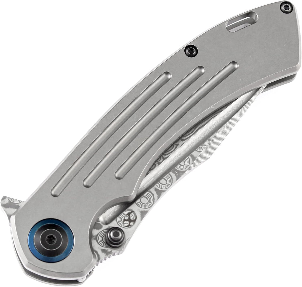 KANSEPT Pretatout Pocket Knives 8.3in Folding Knife with Dmascus Blade and Stonewashed Titanium Handle Pocket Tactical Knife for Men Women, Envelope Opener with Thumb Stud K1032D1