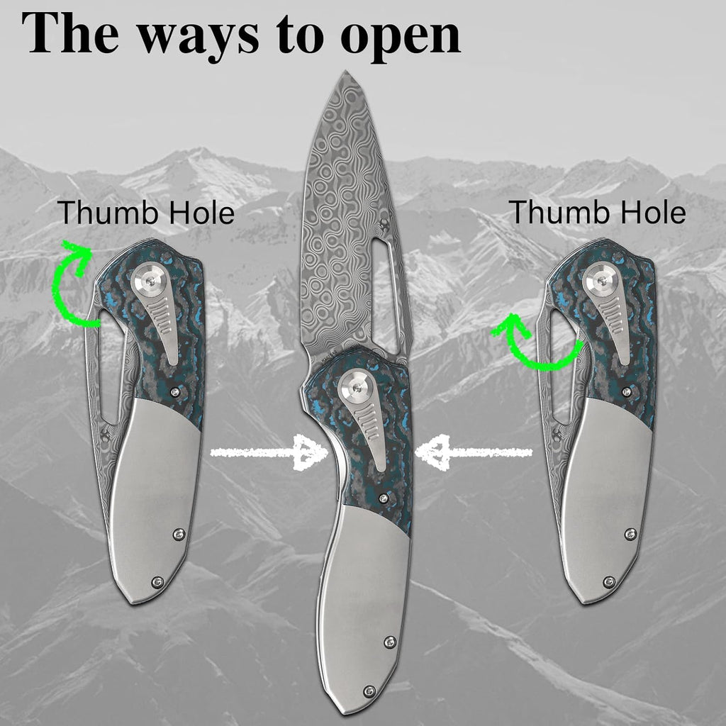 KANSEPT Thoth Camping Pocket Knives for Men 8.05in Folding Pocket Knives with 3.43in Damascus Material and Bead Blasted Titanium + Arctic Storm Fatcarbon Handle for Outdoor,Tactical,Survival K1075A2