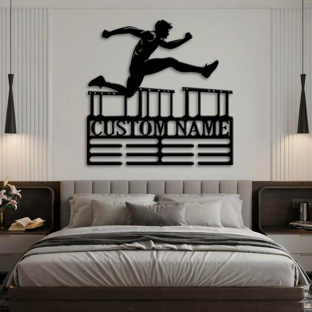 Custom Hurdles Running Medal Holder LED Light, Hurdle Runner Name Medal Hanger Display, Rack For Tiered Award Ribbon, Metal Sign Gift For Athlete Artwork