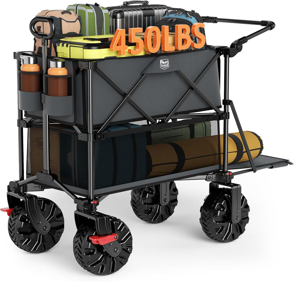 TIMBER RIDGE Push & Pull Double Decker Wagon, 400L Large Capacity Heavy Duty & 450lb Load, Collapsible Cart with All-Terrain Wheels & Brakes, 54' Extended Foldable for Sports, Beach, Camping, Grey