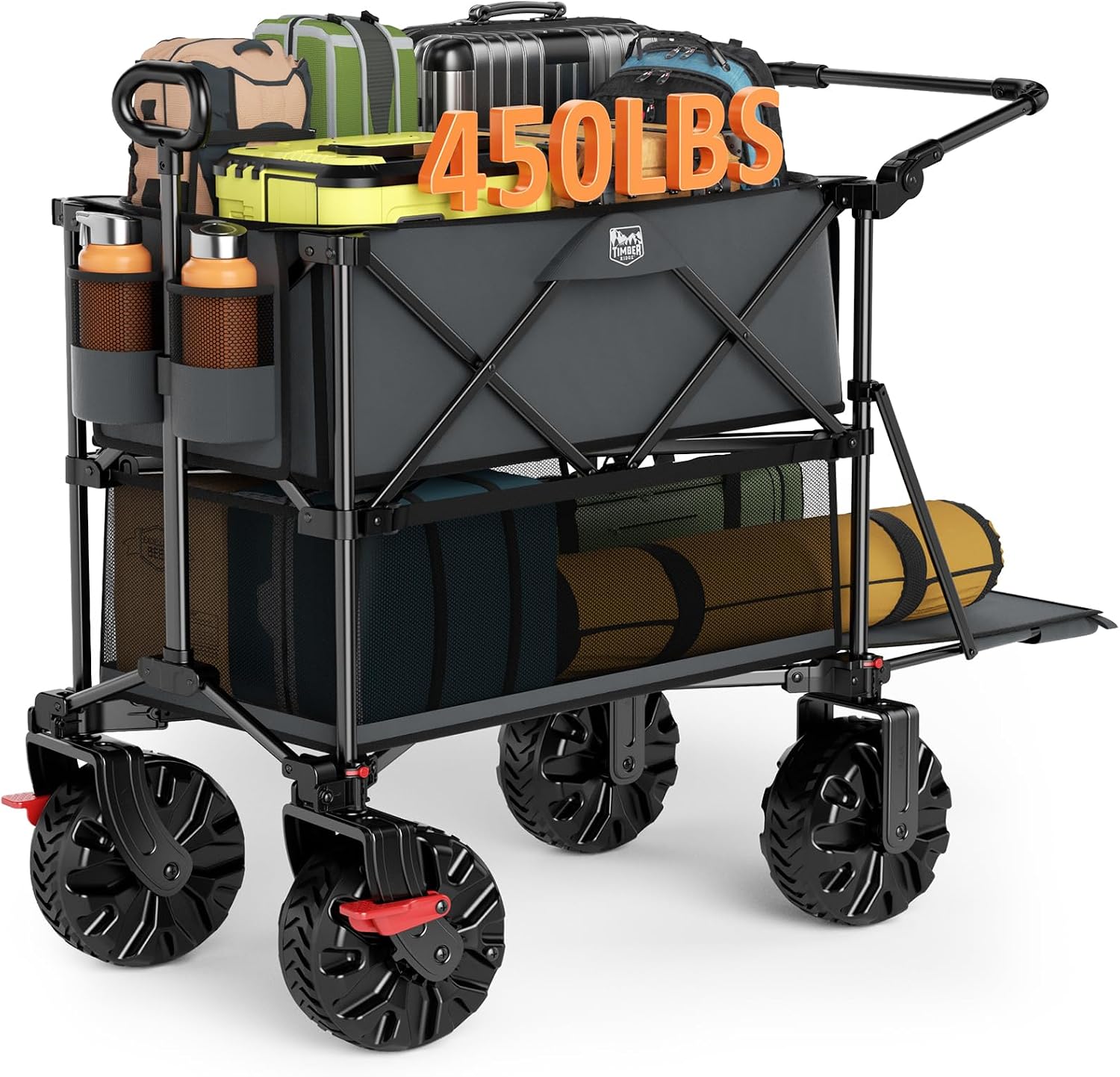 TIMBER RIDGE Push & Pull Double Decker Wagon, 400L Large Capacity Heavy Duty & 450lb Load, Collapsible Cart with All-Terrain Wheels & Brakes, 54' Extended Foldable for Sports, Beach, Camping, Grey