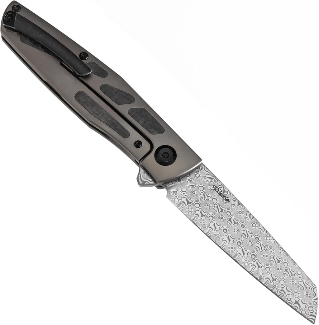 KANSEPT Cru Camping Pocket Knives for Men 8.19in Folding Pocket Knives with 3.46in Damascus and Bronze Anodized Titanium & Twill Carbon Fiber Handle for Outdoor, Tactical, Survival K1092A4