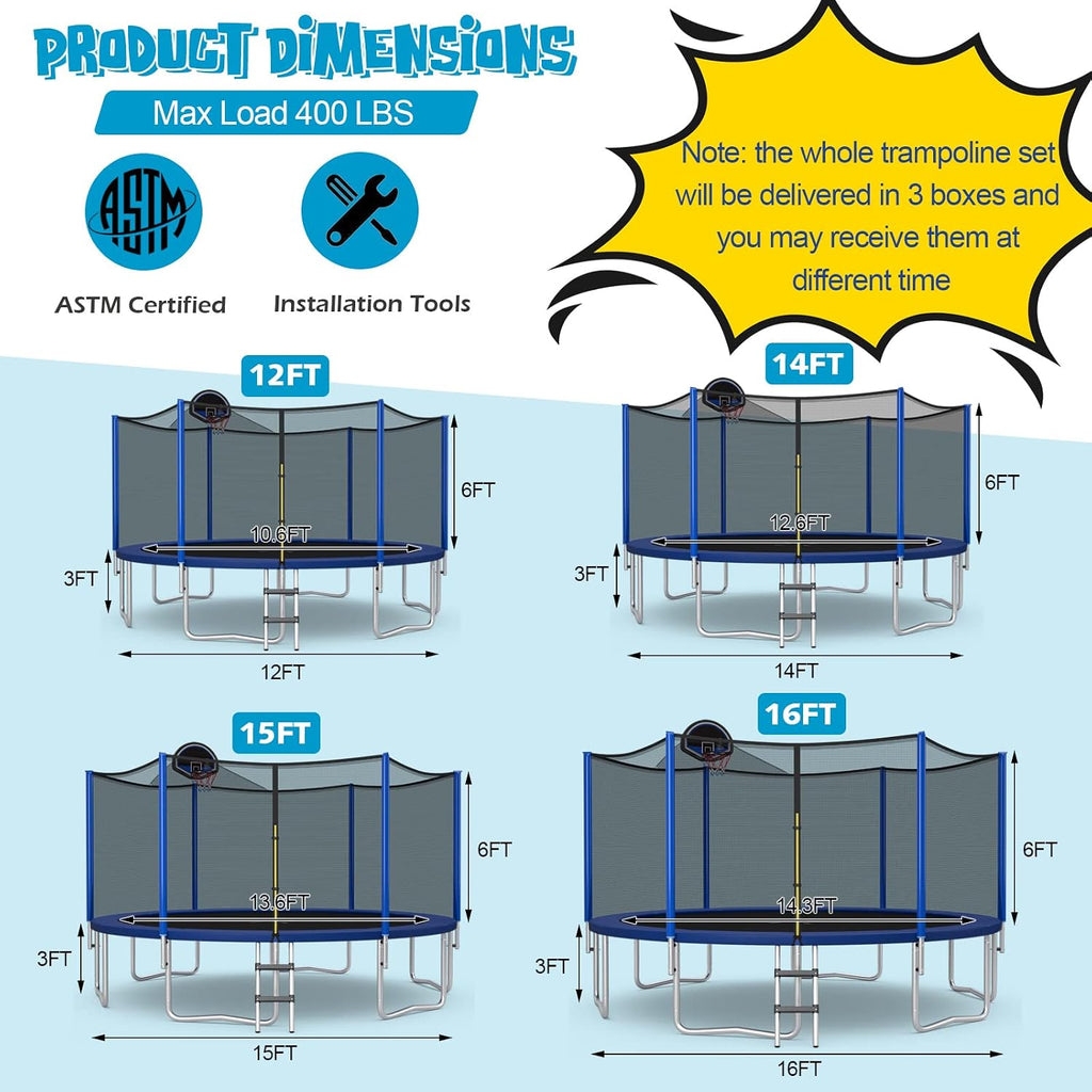 Giantex Trampoline, 12/14/15/16FT Outdoor Recreational Trampoline w/Enclosure Net, Non-Slip Ladder & Basketball Hoop, ASTM Approved, Combo Bounce Outdoor Trampoline for Adults Kids