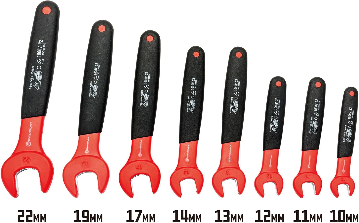 Powerbuilt 8-Piece Open End Insulated VDE Wrench Set, Rated for 1000V, Sizes 10mm-22mm, Electric and Hybrid Vehicles, Home Electrical and Car Repair - 642959