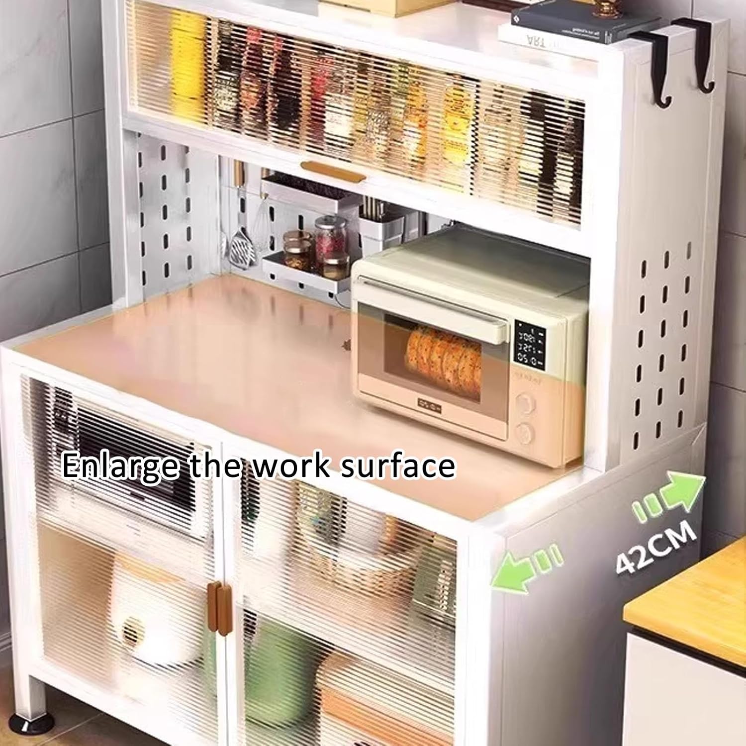 JKGHK Rolling Kitchen Bakers Rack on Wheels, Storage Sideboard Cabinet for Kitchens with Clear Doors and Adjustable Shelves, Microwave Oven Shelf Cabinet for Home, Office(White,62x24in)