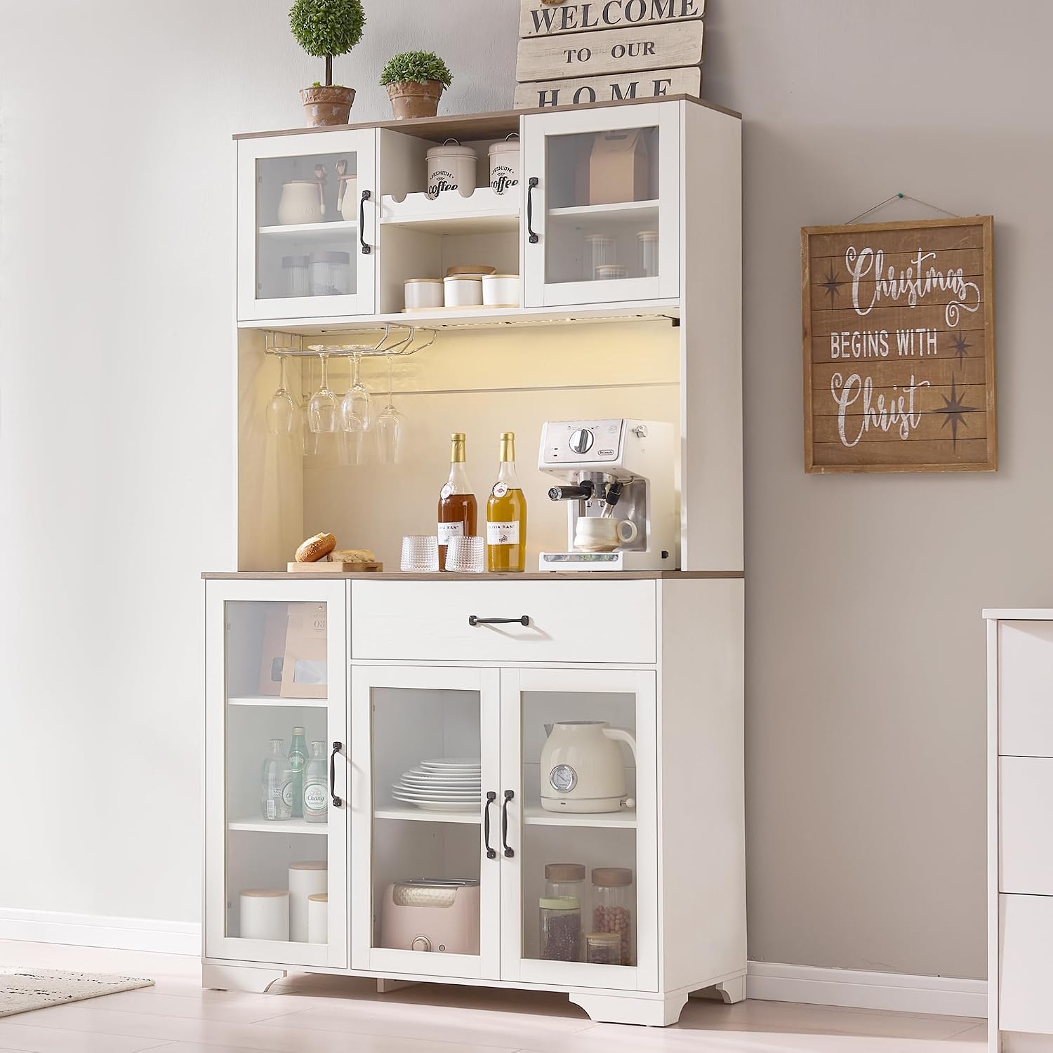 Fatmok 71' Pantry Cabinet with Wine Rack and Charging Station, Set of 2 Tall Coffee Bar Cabinets with LED Lights, Drawer, Adjustable Shelves, Kitchen Hutch Storage,Off-White