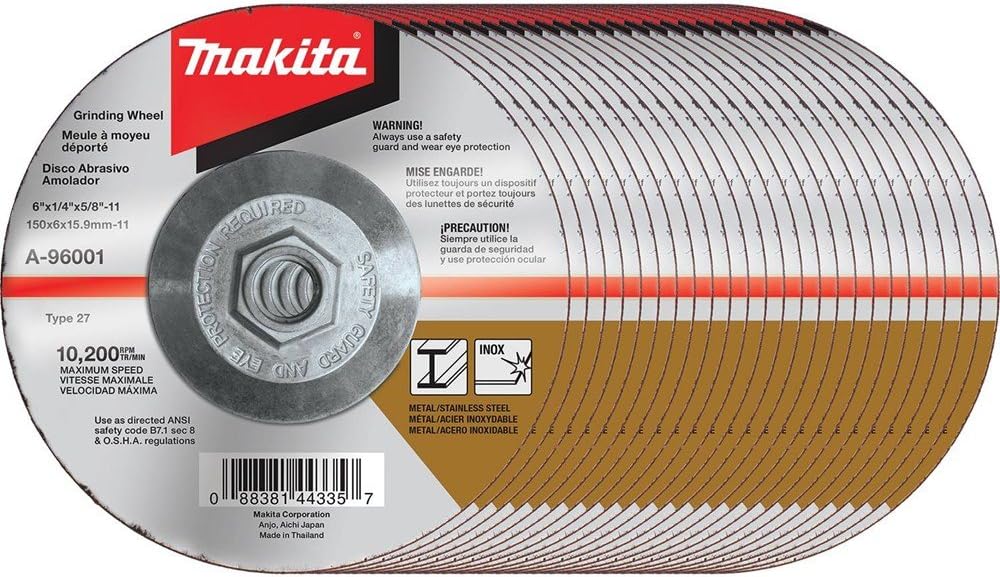 Makita A-96001-25 6' x 1/4' x 5/8-11' Hubbed INOX Grinding Wheel, 36 Grit, 25/pk